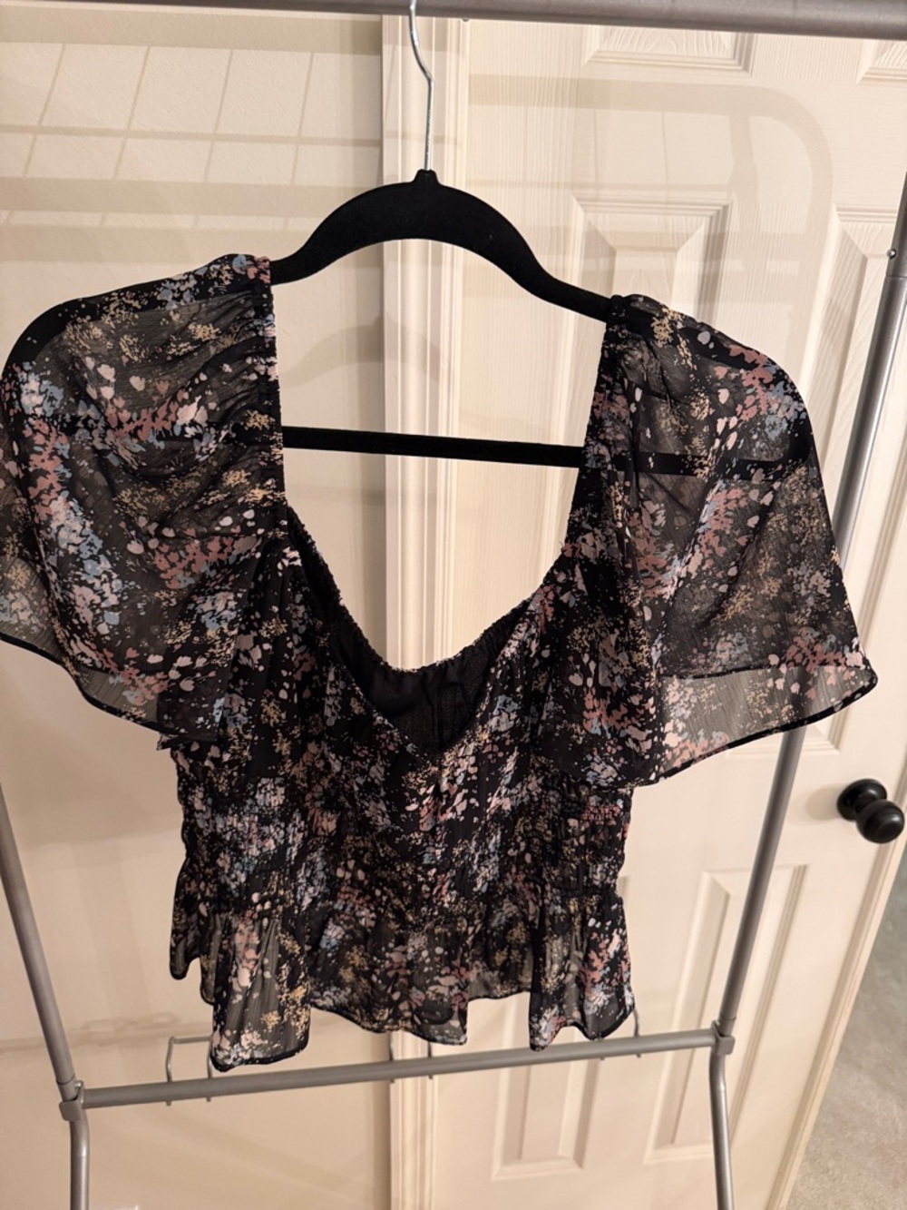 Sheer Floral Short-Sleeve Crop Top — Black with Pink & Blue Floral